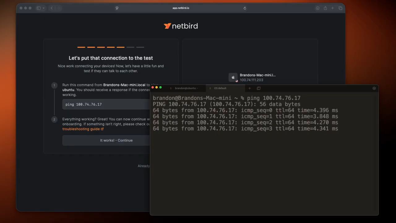 Testing ping on NetBird