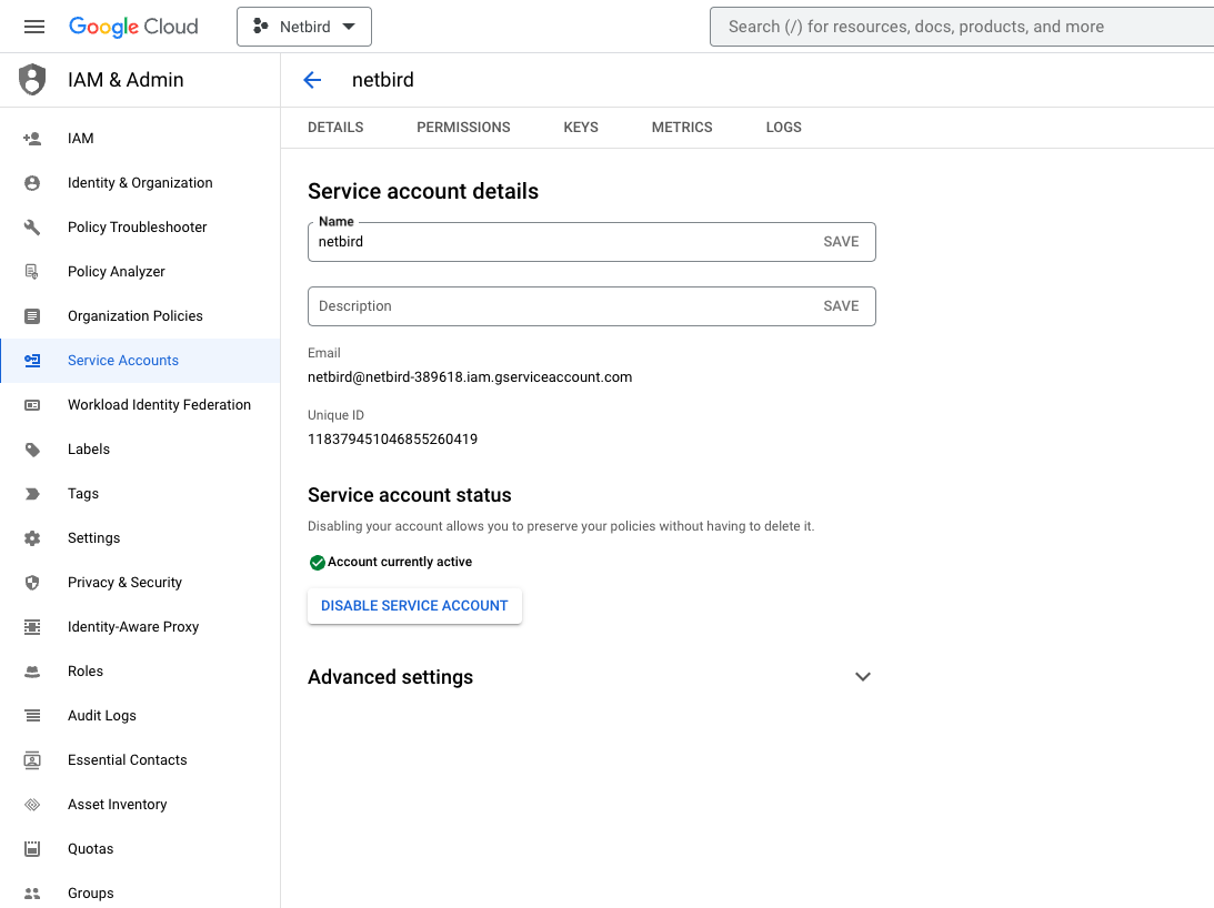 Edit service account