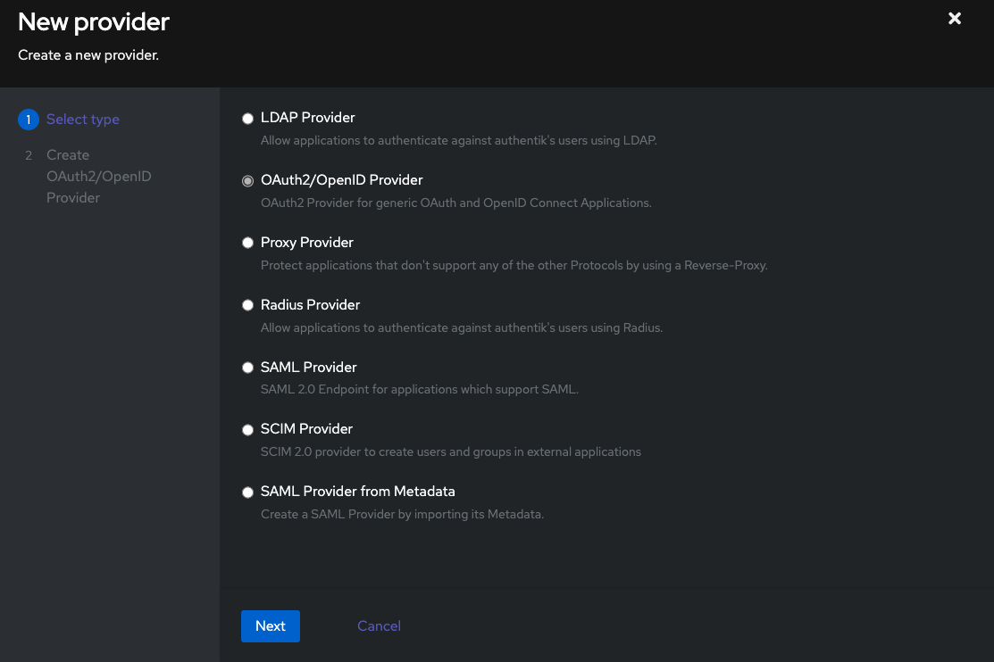 Select provider type