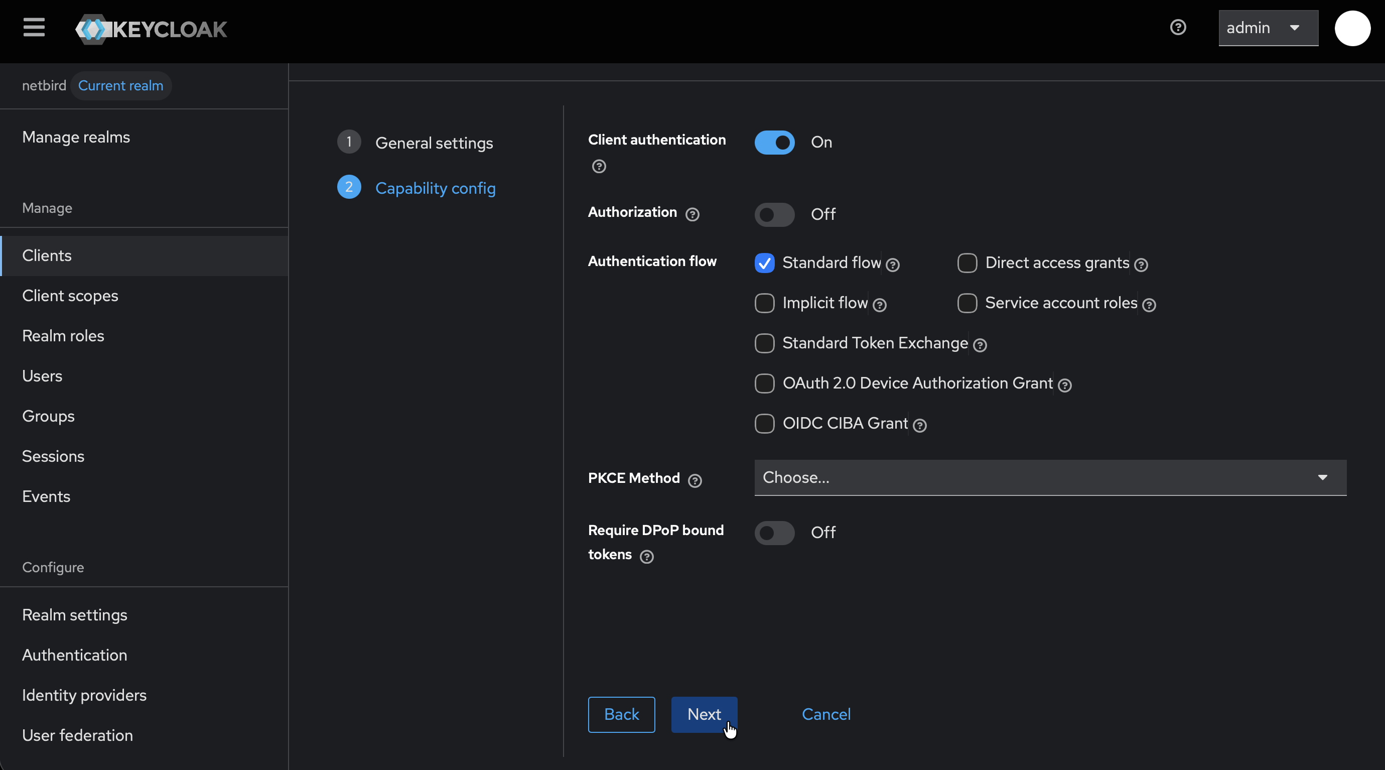 Client authentication enabled