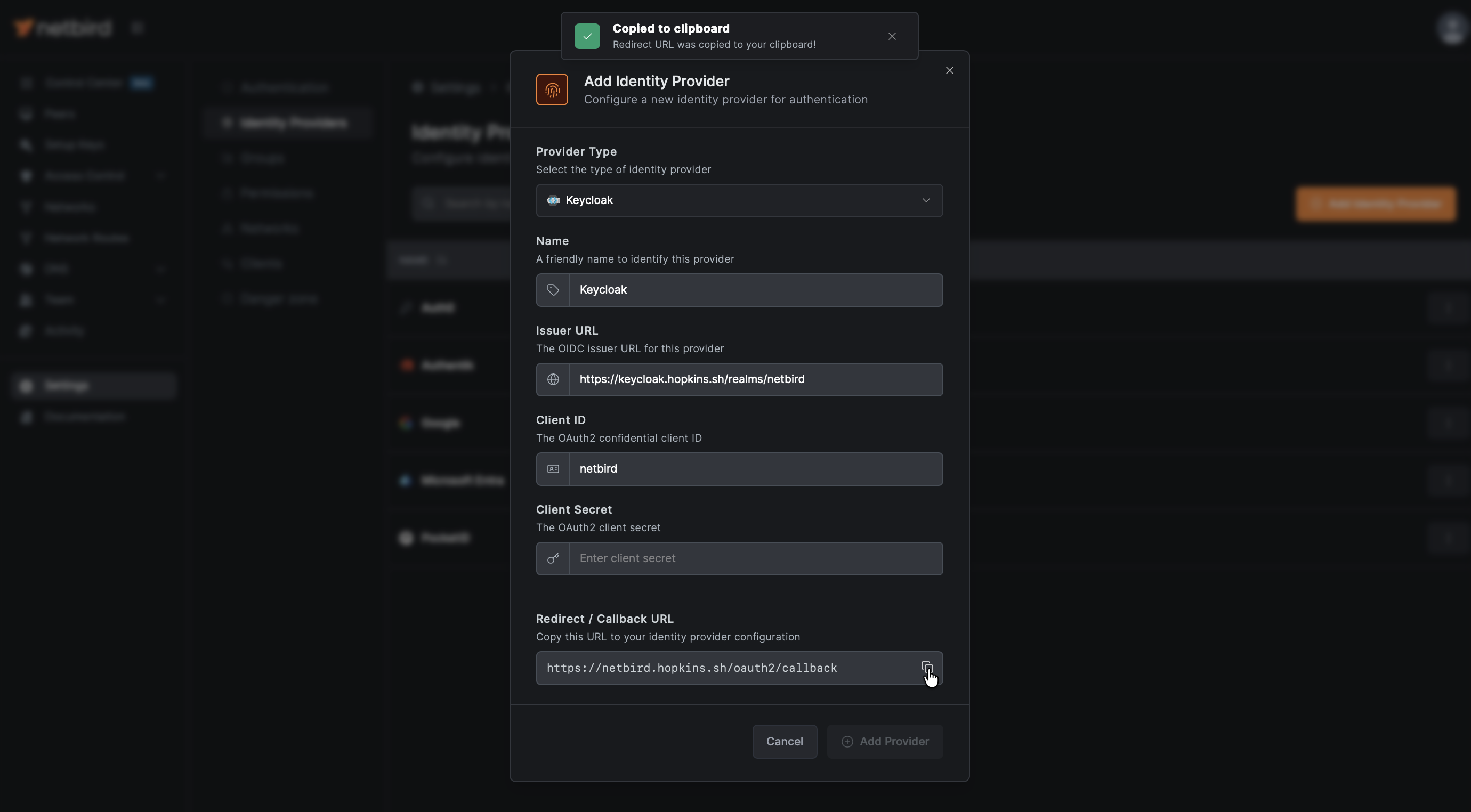 Copy redirect URL from QuFabric