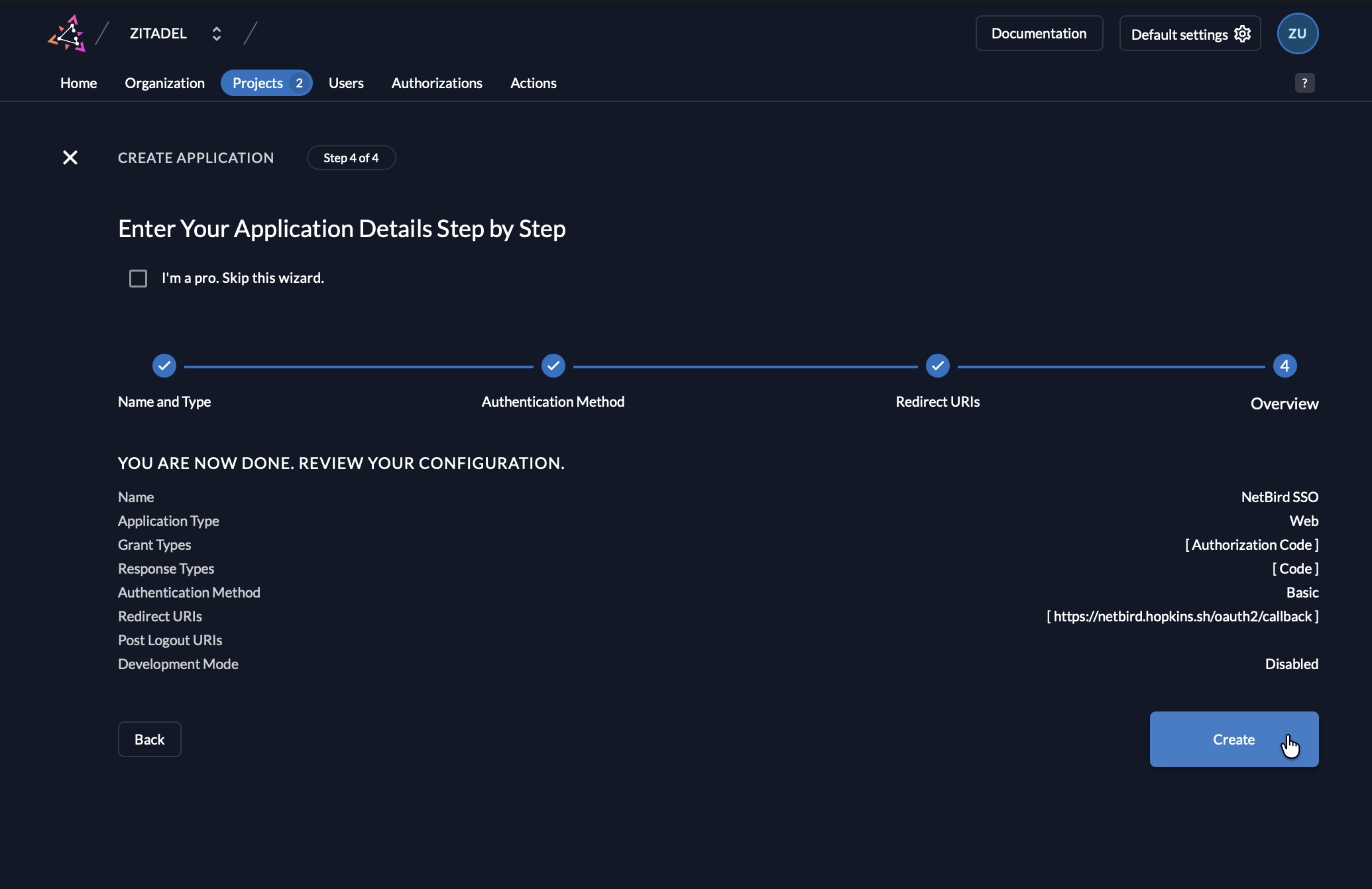 Click Create application